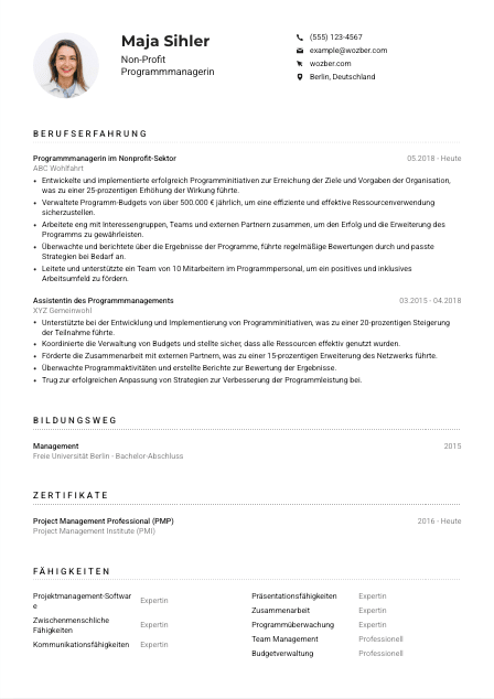 Lebenslauf-Muster für Non-Profit Programmmanager*in