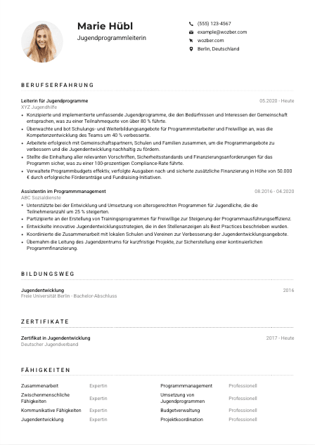 Lebenslauf-Muster für Jugendprogrammleiter*in