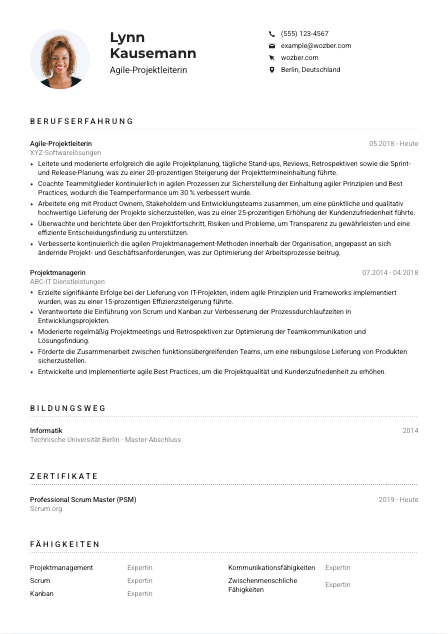 Lebenslauf-Muster für Agile-Projektleiter*in