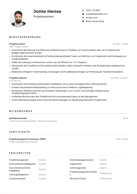 Lebenslauf-Muster für Projektassistenz