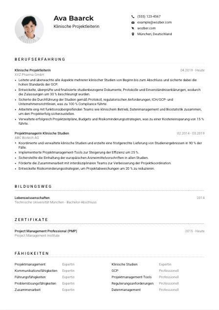Lebenslauf-Muster für Klinischer Projektleiter*in