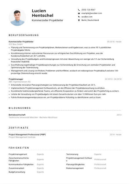Lebenslauf-Muster für Kommerzieller Projektleiter*in