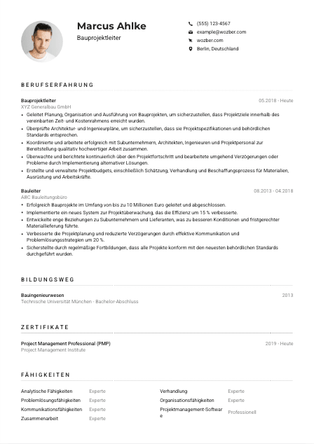 Lebenslauf-Muster für Bauprojektleiter*in