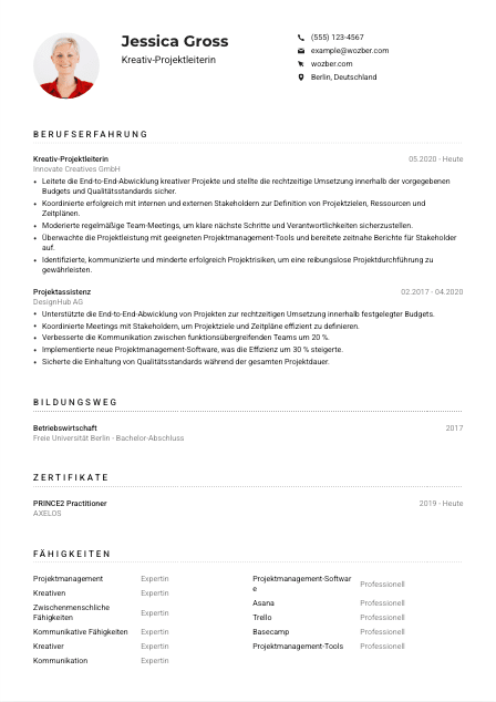 Lebenslauf-Muster für Kreativ-Projektleiter*in