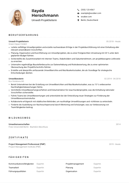 Lebenslauf-Muster für Umwelt-Projektleiter*in