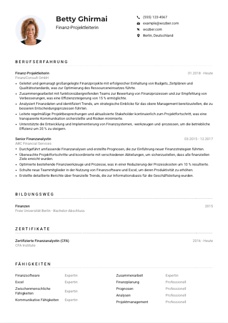 Lebenslauf-Muster für Finanz-Projektleiter*in