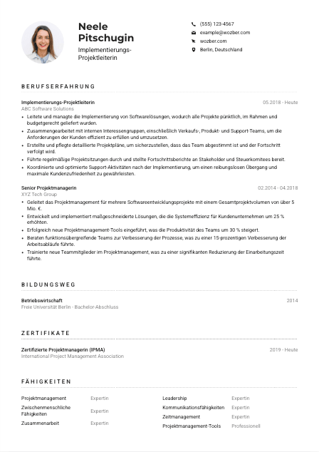 Lebenslauf-Muster für Implementierungs-Projektleiter*in