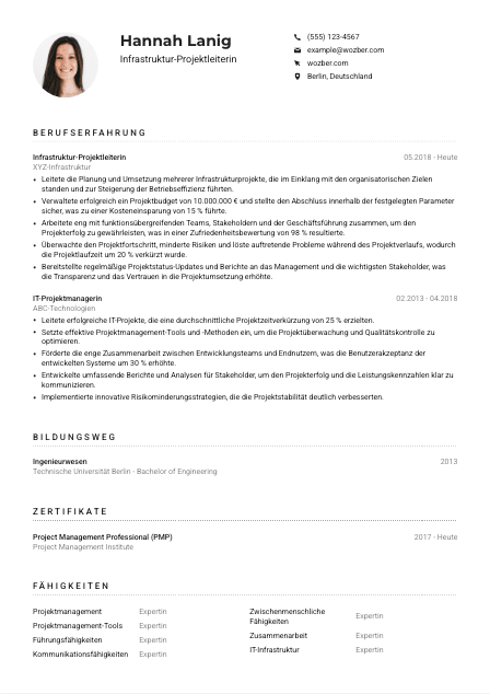 Lebenslauf-Muster für Infrastruktur-Projektleiter*in