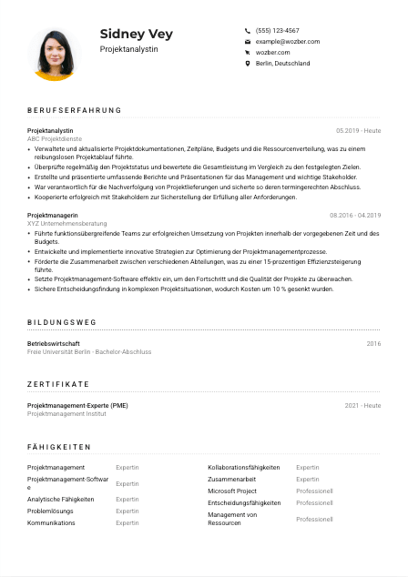 Lebenslauf-Muster für Projektanalyst*in