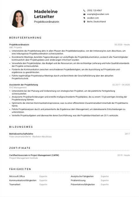 Lebenslauf-Muster für Projektkoordinator*in