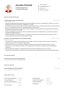 Lebenslauf-Muster für Projektmanager*in für Erneuerbare Energien