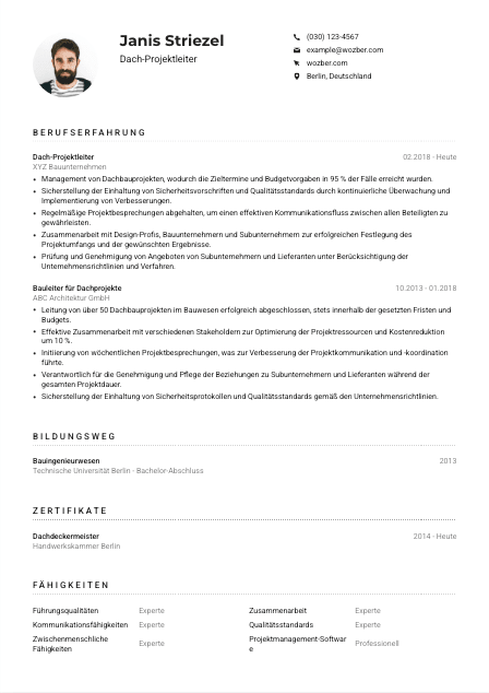 Lebenslauf-Muster für Dach-Projektleiter*in