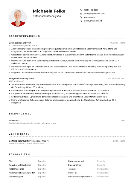 Lebenslauf-Muster für Datenqualitätsanalyst*in