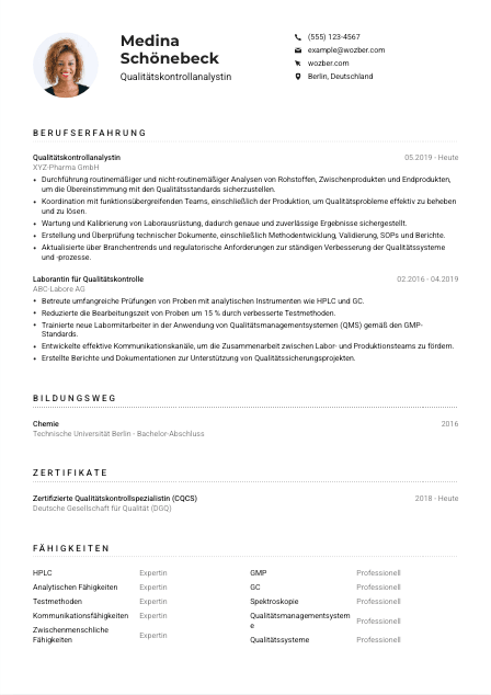 Lebenslauf-Muster für Qualitätskontrollanalyst*in