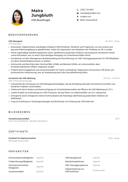 Lebenslauf-Muster für HSE-Beauftragte*r