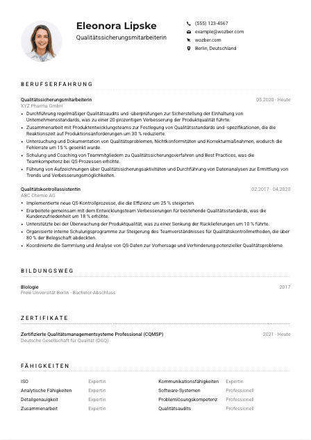 Lebenslauf-Muster für Qualitätssicherungsmitarbeiter*in