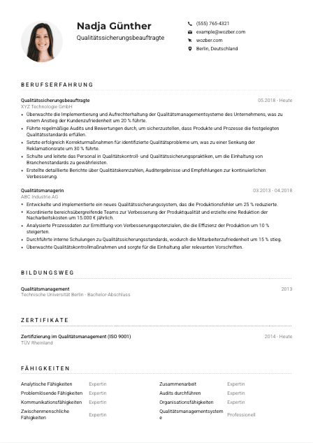 Lebenslauf-Muster für Qualitätssicherungsbeauftragte*r