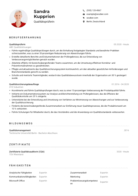 Lebenslauf-Muster für Qualitätsprüfer*in