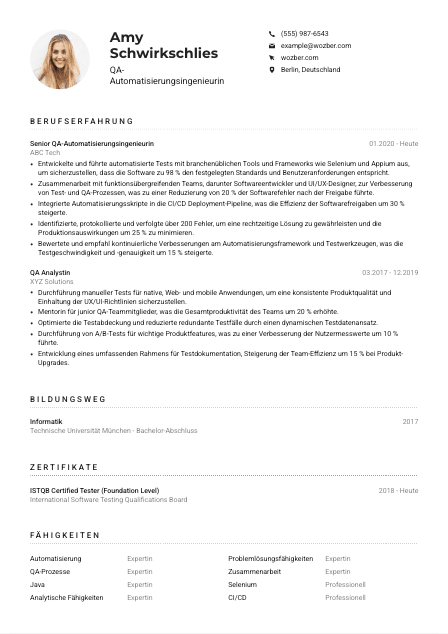 Lebenslauf-Muster für QA-Automatisierungsingenieur*in
