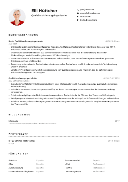 Lebenslauf-Muster für Qualitätssicherungsingenieur*in