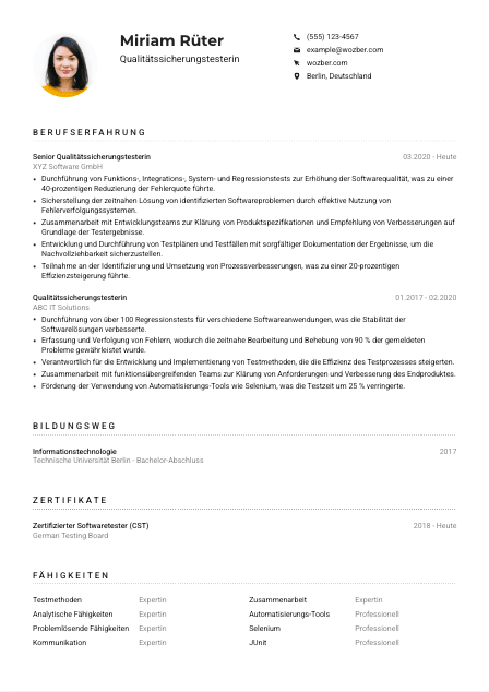 Lebenslauf-Muster für Qualitätssicherungstester*in