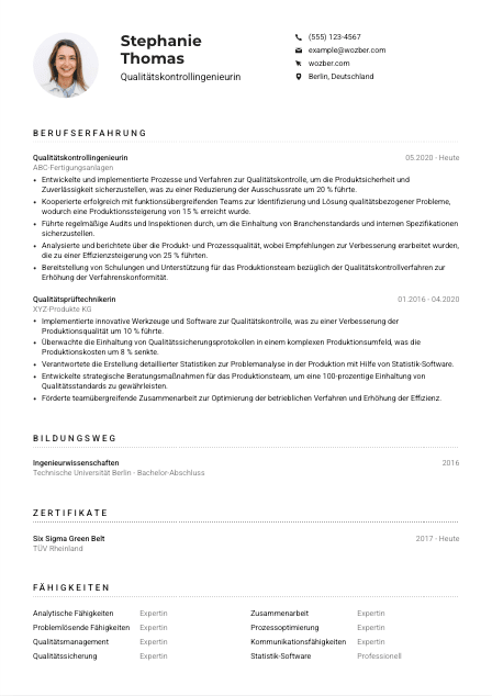 Lebenslauf-Muster für Qualitätskontrollingenieur*in
