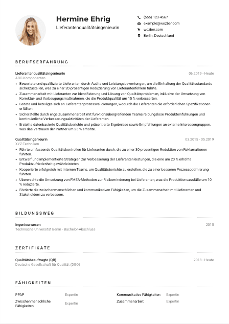 Lebenslauf-Muster für Lieferantenqualitätsingenieur*in