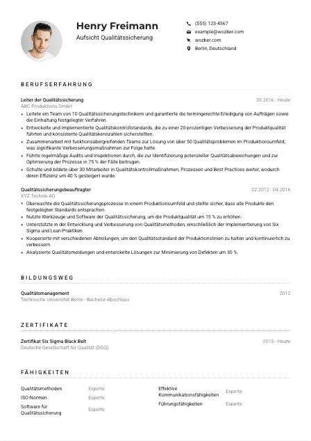Lebenslauf-Muster für Aufsicht Qualitätssicherung