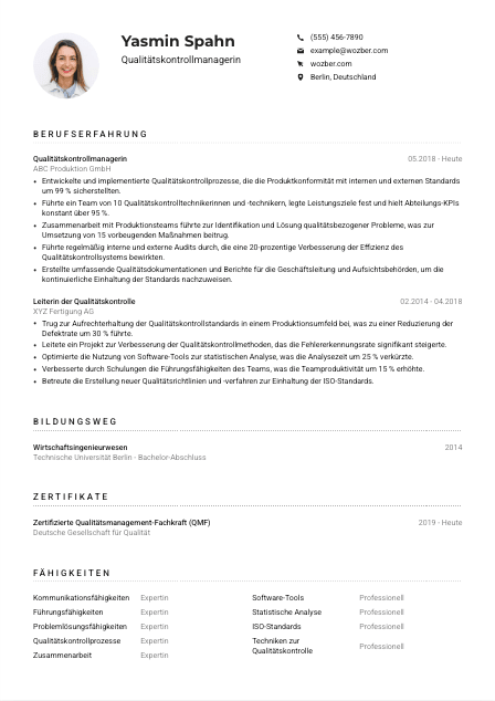 Lebenslauf-Muster für Qualitätskontrollmanager*in