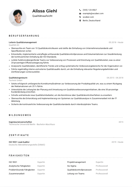 Lebenslauf-Muster für Qualitätsaufsicht