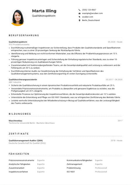 Lebenslauf-Muster für Qualitätsinspektor*in