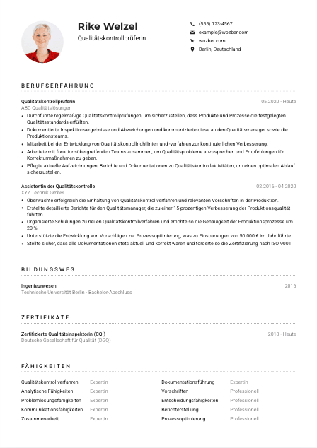 Lebenslauf-Muster für Qualitätskontrollprüfer*in