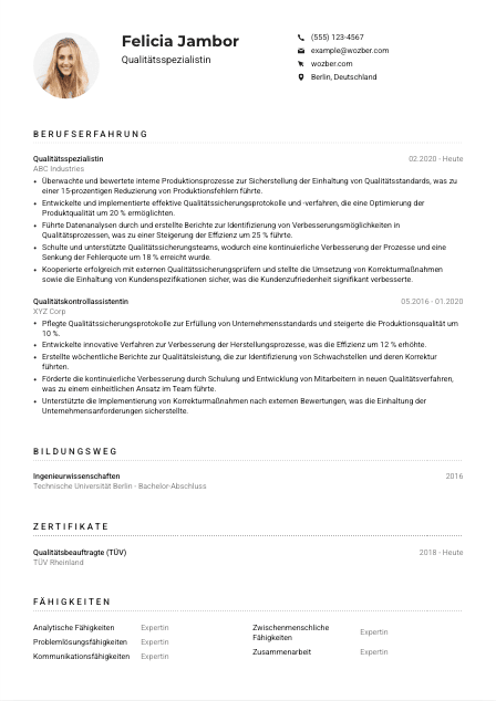 Lebenslauf-Muster für Qualitätsspezialist*in