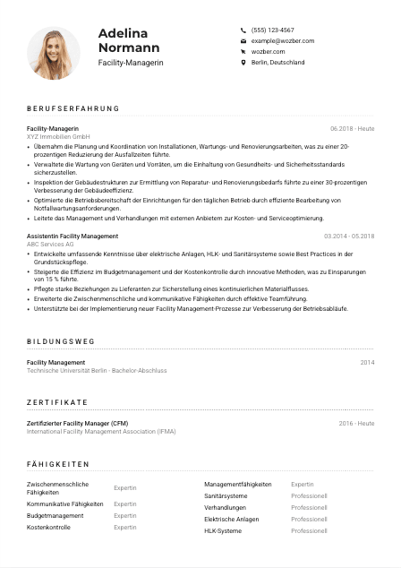 Lebenslauf-Muster für Facility-Manager*in