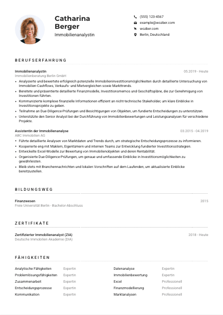 Lebenslauf-Muster für Immobilienanalyst*in