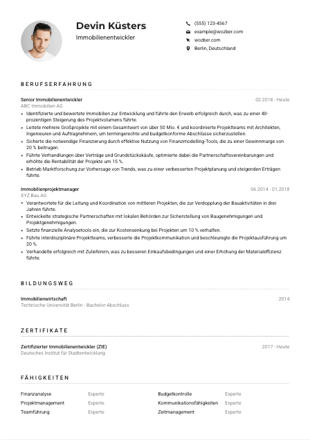 Lebenslauf-Muster für Immobilienentwickler*in