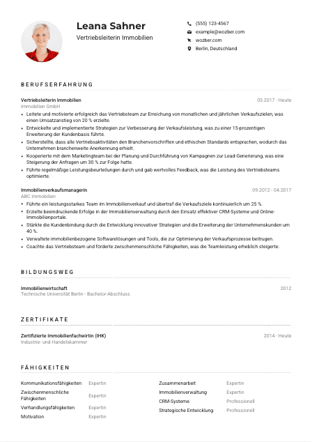 Lebenslauf-Muster für Vertriebsleiter*in Immobilien