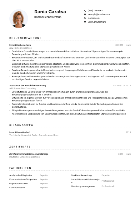 Lebenslauf-Muster für Immobilienbewerter*in