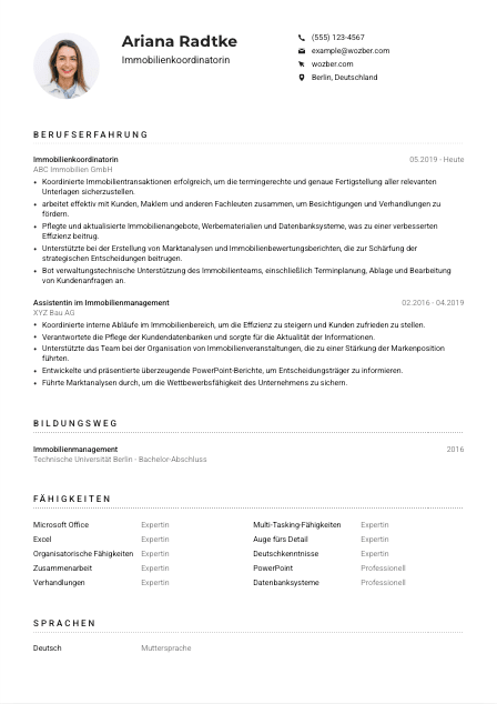 Lebenslauf-Muster für Immobilienkoordinator*in