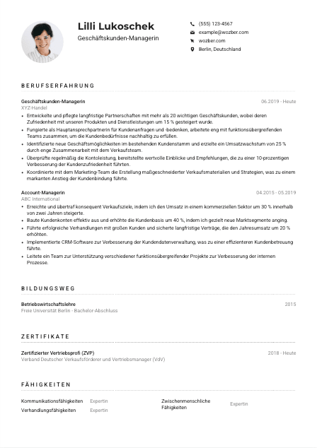 Lebenslauf-Muster für Geschäftskunden-Manager*in