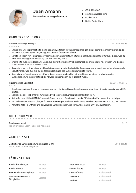 Lebenslauf-Muster für Kundenbeziehungs-Manager*in