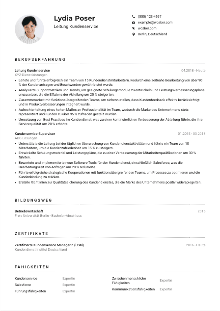 Lebenslauf-Muster für Leitung Kundenservice