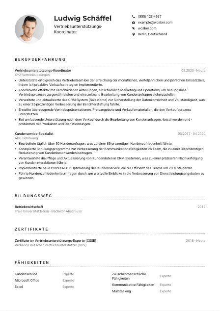 Lebenslauf-Muster für Vertriebsunterstützungs-Koordinator*in