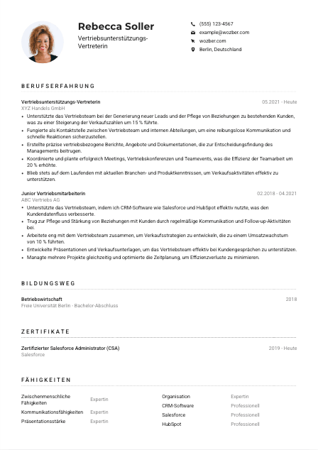 Lebenslauf-Muster für Vertriebsunterstützungs-Vertreter*in