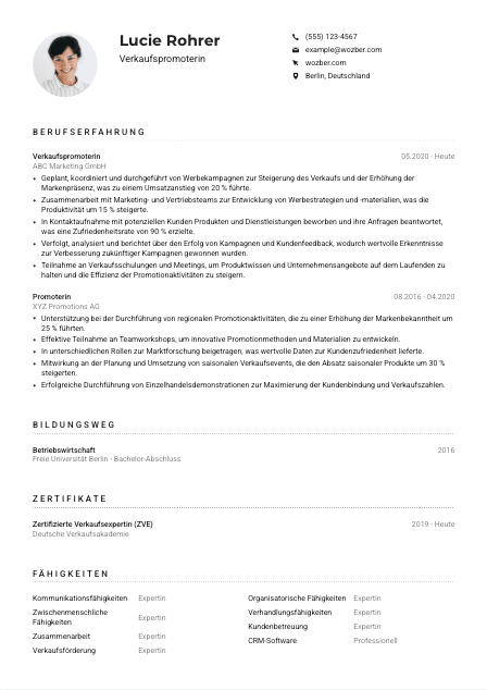Lebenslauf-Muster für Verkaufspromoter*in