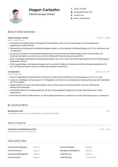 Lebenslauf-Muster für Gebietsmanager*in Verkauf
