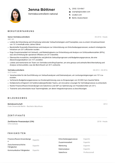 Lebenslauf-Muster für Vertriebscontroller*in national