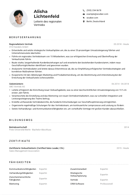 Lebenslauf-Muster für Leiter*in des regionalen Vertriebs