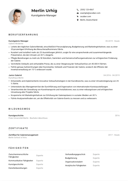 Lebenslauf-Muster für Kunstgalerie-Manager*in