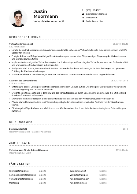 Lebenslauf-Muster für Verkaufsleiter*in Automobil